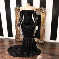 Wholesale 2020 Custom Made Black Off The Shoulder Mermaid Prom Party Dresses New Long Sleeve Sweep Strain Sequined Formal Evening Gowns