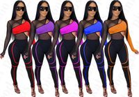 Wholesale Women Sexy See thought Tracksuit Summer Gauze Mesh Patchwork Sports Suit Tops Pants Pieces Sets Bike Cycling Sportswear Outfits New D4205