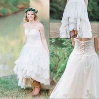 Wholesale Strapless High Low Beach Wedding Dresses Vintage Lace up Back Gothic Holiday Bohemian Country Bride Wedding Reception Gown