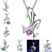 Wholesale Double Dolphin Love Purple Diamond Crystal Blue White Zircon Sterling Silver Short DJN71 mix order Pendant Necklaces jewelry