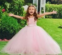 Wholesale New Coming Simple Design Pink Tulle Flower Girl Dress with Ribbon Keyhole Back Ankle Lenght Cheap Girls Pageant Gowns Sleeveless