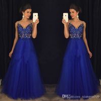 Wholesale Fashion Royal Blue Evening Dresses Crystal Lace Deep V Neck Backless Prom Dress Floor Length Soft Tulle k17 Formal Party Gowns