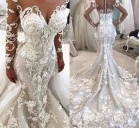 Wholesale Gorgeous Appliques Mermaid Long Sleeve Wedding Dresses with Detachable Train Full Lined Bones D Floral Garden Wedding Gown