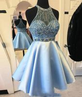 Wholesale 2019 New Arrival Crystal Beaded Homecoming Dress Sky Blue Cheap Short Party Cocktail Gown Mini Prom Evening Graduatiion Dresses