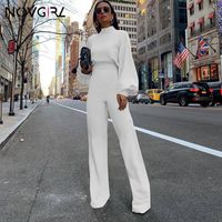 Wholesale Elegant Lantern Sleeve Yellow Jumpsuit For Women Autumn Open Back Zipper Wide Leg Sexy Rompers Office Lady Overalls