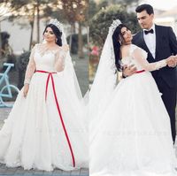 Wholesale Plus Size A Line Wedding Dresses Plus Size Lace Bridal Gowns Long Sleeves Red Belt Boho Summer Long Formal Dubai Dress For Wedding