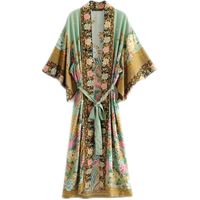 Wholesale Bohemian V Neck Peacock Flower Print Long Kimono Shirt Ethnic New Lacing Up With Sashes Long Cardigan Loose Blouse Tops Femme Y19062601