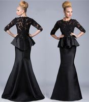 Wholesale All Size Mother Of The Bride Dresses Mermaid Jewel Neck Sleeves Lace Appliques Beaded Peplum Plus Size Party Dress Black Evening Gowns