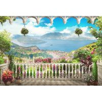Wholesale Seaside Villa Balcony Scenic Photography Backdrop Blue Sky and Sea Trees Flowers Nature Landscape Wedding Photo Shoot Background