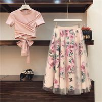 Wholesale HIGH QUALITY Women Irregular T Shirt Mesh Skirts Suits Bowknot Solid Tops Vintage Floral Skirt Sets Elegant Woman Two Piece Set