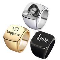 Wholesale Custom Engrave Signet Ring Stainless Steel Personalized Name Photo Square Wedding Band Rings For Men Anniversary Gift SL