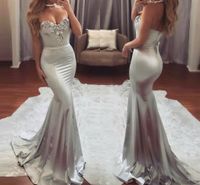 Wholesale Gorgeous Mermaid Prom Dresses Sweetheart Appliques Beading Satin Floor Length Silver Gray Evening Gowns Formal Party Dresses
