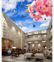 Wholesale Custom D photo zenith wallpaper mural interior decoration Beautiful cherry blossom blue sky and white clouds butterfly ceiling zenith mural
