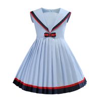 Wholesale Girl Sailor Collar Blue Dress Navy Collar Short Sleeve Elegant Pleated Princess Dress Kids Designer Clothing Dress