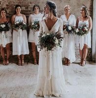 Wholesale Bohemian Wedding Dresses V Neck Long Sleeve Lace Sweep Train Beach Boho Garden Country Bridal Gowns robe de mariée Plus Size