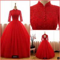 Wholesale New designer red lace ball gown prom dresses hollow back sexy corset cheap prom dress beading sequined sleeve prom gowns party dresses