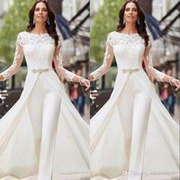 Wholesale Elegant White Jumpsuits Pants Wedding Dresses Long Sleeve Lace Satin With Overskirts Beads Crystals Bridal Gowns Vestidos De Novia