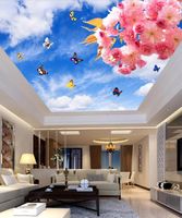 Wholesale Custom Mural d Beautiful cherry blossom blue sky and white cloud butterfly ceiling roof background wall murals home decoration