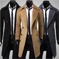 Wholesale Worsted long Trench Coat Men Double Breasted Long Sleeve Big Turn Down Collar Split Design Slim Fit Man Long Trench Coats Free Ship y038