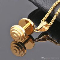Wholesale Top Quality Pendants Necklace jewelry stores Gold color New Arrival Titanium Stainless Steel Gym Fitness Barbell Dumbbell chain