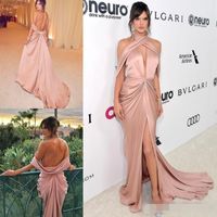 Wholesale Sexy Split Mermaid Evening Dresses Halter Neck Satin Formal Party Dresses Backless Red Carpet Prom Dress Celebrity Gowns Custom Made E032