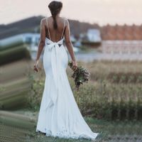 Wholesale 2020 New Spaghetti Straps Satin Mermaid Wedding Dresses Backless Bow Sash Boho Sweep Train Cheap Wedding Bridal Gowns robes de mariée BM1552