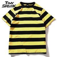 Wholesale Yellow Black Red White Striped T shirt Cotton Vintage Hip Hop Harajuku Tops Tee Men Women Striped Tshirt Streetwear Short Sleeve Y19060601