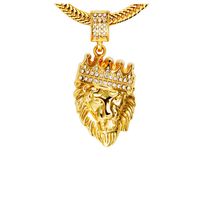 Wholesale Cool Fashion Hip Hop Shiny Diamond Crystal Crown Lion Head Pendant Necklace Mens K Gold Plated Long Chain Necklace Party Gifts