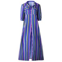 Wholesale New Personality Fashion Printed Colour Stripe Button Short Sleeve Women s Dress