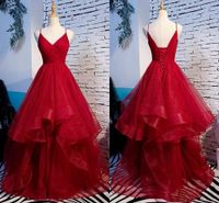 Wholesale 2019 Fabulous Red Hi Low Cheap Prom Dresses Evening Gowns A line Ruffles with Straps Organza Red Carpet Celebrity Pageant Dress Cheap