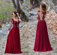 Wholesale Country Style A Line Jewel Burgundy Long Prom Dresses Floor Length Chiffon Appliques Lace Long Sleeves Formal Evening Gowns