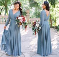 Wholesale Country Style New Arrival Dusty Grey Boho Bridesmaid Dresses V Neck Long Sleeves Chiffon Party Dress Cheap Wedding Guest Dresses BM0238