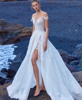 Wholesale Newest Sexy Lace Wedding Dresses Short Sleeve Jewel Neckline Sheer Illusion Bodice Beach Wedding Dress Bridal Gowns Vestido de Novia