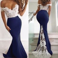 Wholesale Fashion White And Blue Mermaid Prom Dresses Off The Shoulders Lace Slim Tight Evening Gowns Fitted Country Bridesmaid Dresses cheap