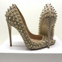 Wholesale New gold sequined riveted high heeled slim heeled pointed shallow mouthed single shoe size nightclub women s shoes