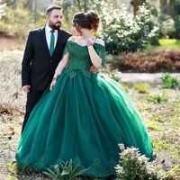 Wholesale Dark Green Lace Wedding Dresses Ball Gown Off Shoulder Short Sleeve Beading Appliques Bridal Gowns Dubai Custom Made