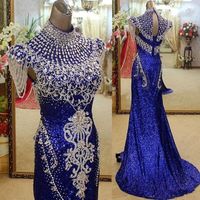 Wholesale Sexy Royal Blue High Neck Mermaid Evening Dresses Party Elegant For Women Crystal Sequined Real Photos Red Carpet Celebrity Formal Gowns