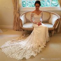 Wholesale 2019 New Gorgeous Long Sleeve Lace Mermaid Wedding Dresses Dubai African Style Petite Natural Slin Fishtail Off shoulder Train Bridal Gowns