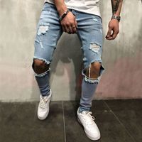 Wholesale Men s Jeans Stretch Men Knee Ripped Skinny Urban Clothing Punk Blue Black Denim Designer Distressed Joggers Pants