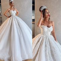 Wholesale Princess Ball Gown Wedding Dresses Puffy Strapless D Flower Appliques Bridal Gowns Sweep Train Open Back Wedding Dress