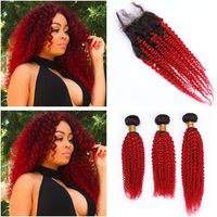 Wholesale Kinky Curly Malaysian Human Hair Red Ombre Bundles with Closure B Red Ombre Curly Virgin Hair Wefts with x4 Front Lace Closure
