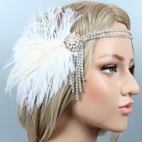 Wholesale White Feather Headband Silver Rhinestone Ivory Pearls Short Tassel Headbands for Bride Bridesmaid Wedding Jeweled Hair Accessories