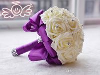 Wholesale Hot Bridal Bouquets Rose For Wedding With Artificial Pearls Rhinestones Ribbon Fancy Handmade Purple Artificial Wedding Bouquets DB B006