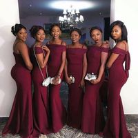 Wholesale 2020 Modest African Mermaid Bridesmaid Dresses Long Burgundy Boat Neck Floor Length Off Shoulder Bridesmaid Gowns Cheap Prom Party Dress