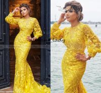Wholesale 2019 Gold Yellow Lace Long Sleeve Dubai Evening Dress Mermaid D Flora Arabic Celebrity Prom Dresses Plus Size Long Formal Gowns