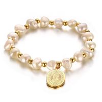 Wholesale 8MM Womens White Baroque Shell Pearls Beaded Stainless Steel Virgin Mary Coin Tag Charm Bracelet K Gold Plated