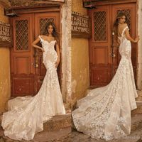 Wholesale Vintage Champagne New Mermaid Wedding Dresses Berta Couture Off Shoulder Lace Applique Sweep Train Bridal Gowns Custom Made