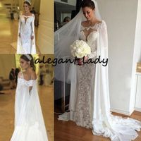 Wholesale Long Sleeve Sheer Back Weding Gowns Berta Mermaid Wedding Dresses Vestidso De Noiva Robe De Mariee Removable Cape Wedding Dress
