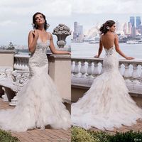 Wholesale 2019 Gorgeous Eve of Milady Lace Mermaid Wedding Dresses Sexy Backless Missses Crystal Beaded Sweetheart Tiered Skirts Bridal Gowns