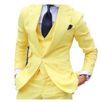 Wholesale Custom Made Yellow Men Suits Slim Fit Notched Lapel Formal Groom Prom Dress Tuxedo Male Coat Piece Blazer Vest Jacket Pant